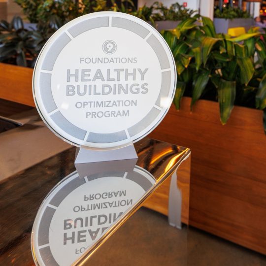 Healthy Buildings Optimization Program Shield in Southline Boston lobby.